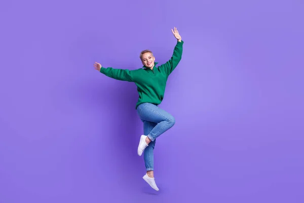 Full Length Photo Excited Dreamy Lady Wear Green Sweater Rising — Stock Photo, Image