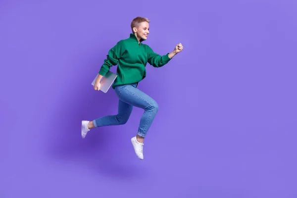 Full Length Photo Shiny Cute Woman Dressed Green Pullover Jumping — Foto de Stock