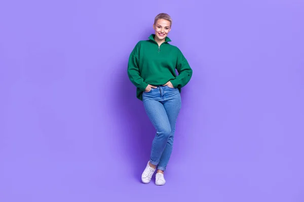 Full Length Photo Pretty Adorable Lady Wear Green Sweater Hands — Stock Photo, Image