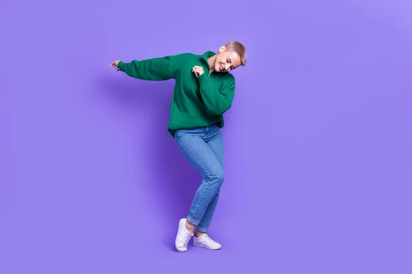 Full Length Photo Funky Funny Woman Dressed Green Pullover Dancing — Stock Photo, Image