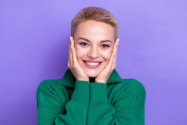 Photo Adorable Pretty Lady Wear Green Sweater Smiling Arms Cheeks — Stock Photo, Image