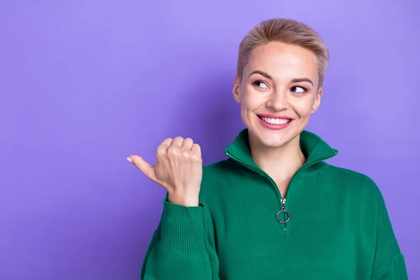 Photo Funky Dreamy Woman Dressed Green Pullover Looking Pointing Thumb — Stock Fotó
