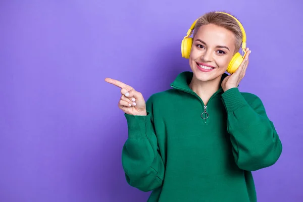Photo Pretty Positive Girl Toothy Smile Hand Touch Headphones Direct — Stockfoto