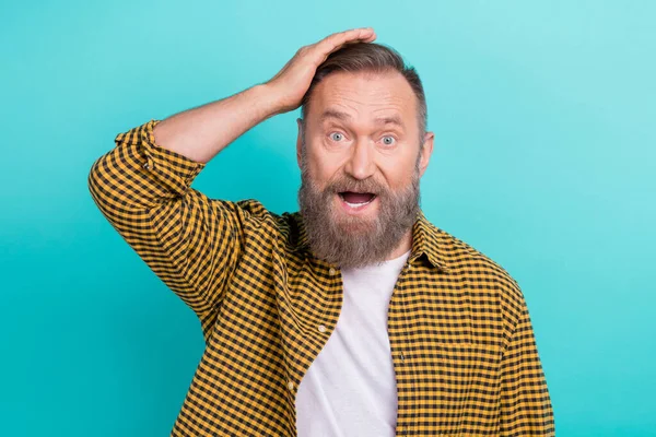 Photo Worried Nervous Man Wear Trendy Plaid Clothes Arm Haircut — Stockfoto