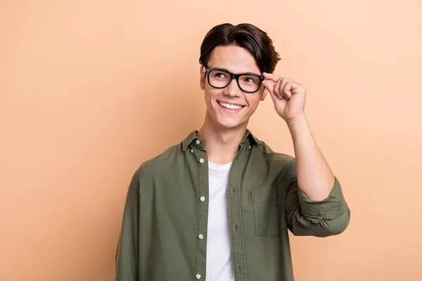 Portrait Intelligent Positive Person Arm Touch Glasses Toothy Smile Look — Stockfoto