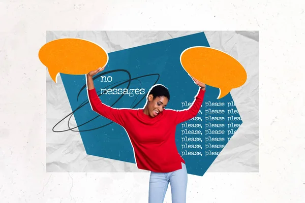 Creative Collage Image Cheerful Person Hands Hold Empty Space Dialogue — Stockfoto