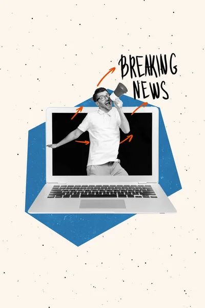 Vertical Creative Photo Collage Man Screaming Breaking News Loudspeaker Laptop — Φωτογραφία Αρχείου
