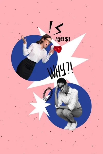 Magazine Creative Poster Collage Aggressive Chief Scream Megaphone Guilty Employee — Stockfoto
