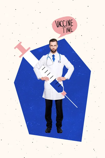Vertical Collage Picture Mini Doctor Guy Hold Huge Syringe Say — Zdjęcie stockowe