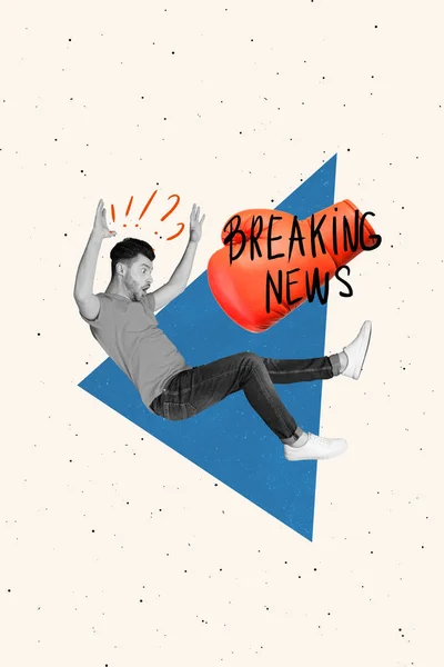 Digital Creative Pop Collage Air Flying Guy Overwhelmed Breaking News — Stock Fotó