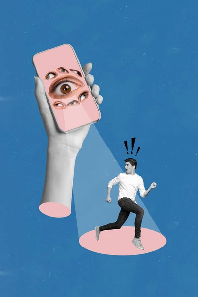 Вертикальный Абстрактный Коллаж Изображение Руки Держать Телефон Экран Глаза Человека — стоковое фото