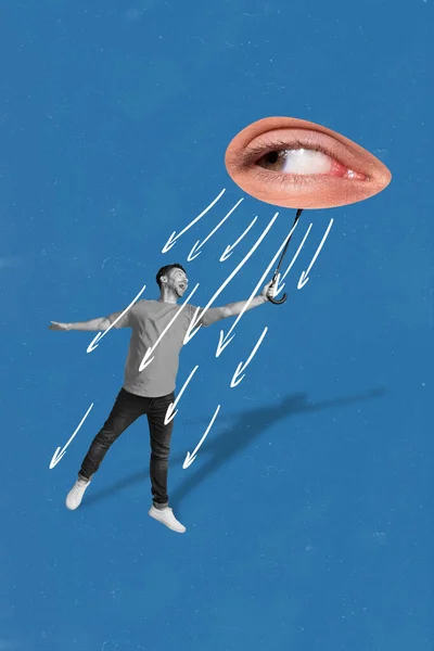 Creative weird bizarre collage of young guy hold eye parasol rain white arrows resist public opinion pressure manipulation.