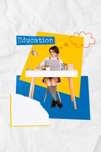 Photo Collage Young Schoolgirl Wear Uniform Sitting Desk Write Notes — Stok fotoğraf