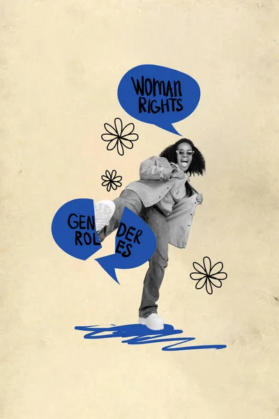 Creative Motivational Template Collage Doodles Positive Optimistic Woman Fight Gender — Stockfoto