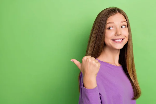 Portrait Toothy Beaming Girl Long Hairstyle Wear Purple Long Sleeve — Fotografia de Stock