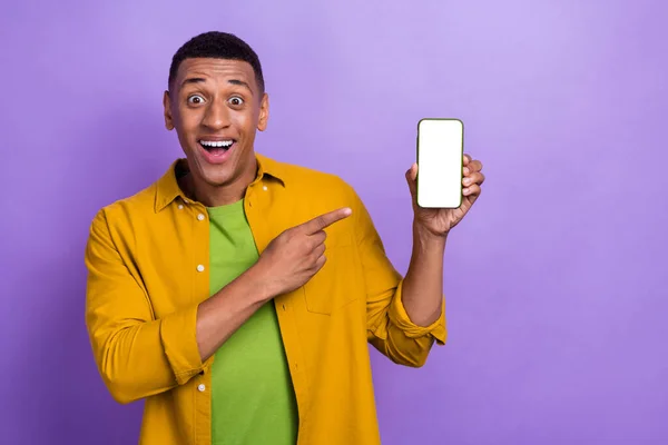 Portrait Impressed Handsome Excited Man Wear Yellow Clothes Directing Tphone —  Fotos de Stock