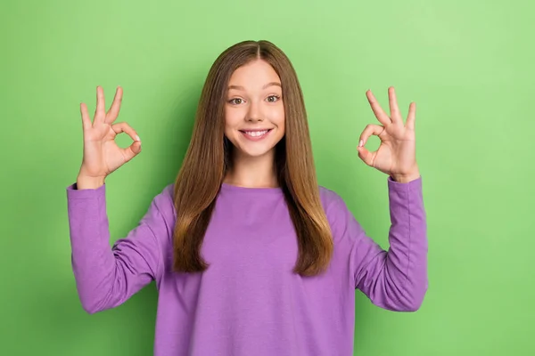 Portrait Nice Positive Girl Long Hairstyle Wear Purple Long Sleeve — Fotografia de Stock