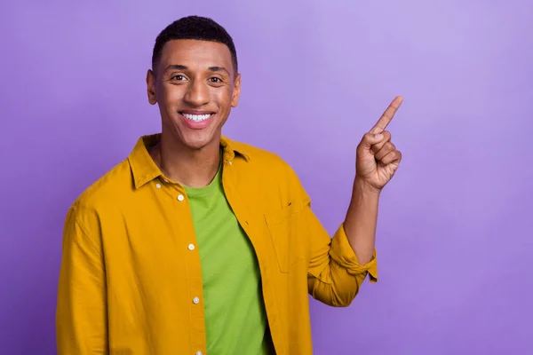 Portrait Cheerful Optimistic Handsome Man Wear Yellow Clothes Directing Empty — Foto Stock