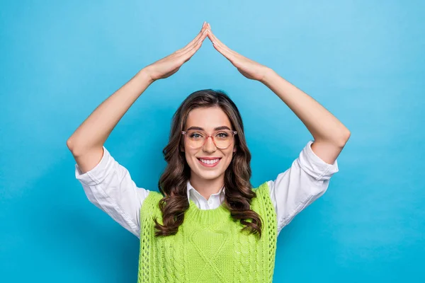 Photo Portrait Attractive Young Woman Eyewear Raise Arms Showing House — Stock Photo, Image