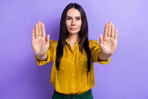 Photo of stunning serious lady wear stylish clothes showing two arms keep distance dont come isolated on purple color background.