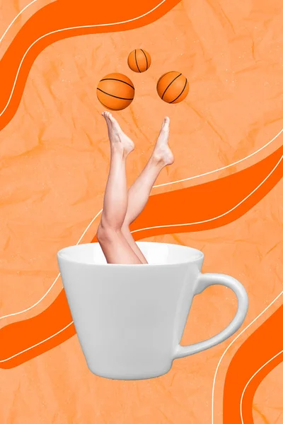 写真コラージュアートワークティーカップの中の女性の足の最小限の画像バスケットボールの孤立した描画背景を再生 — ストック写真