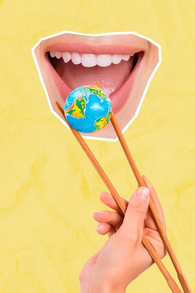Creative Photo Artwork Graphics Collage Painting Arm Feeding Mouth Planet — Stok fotoğraf