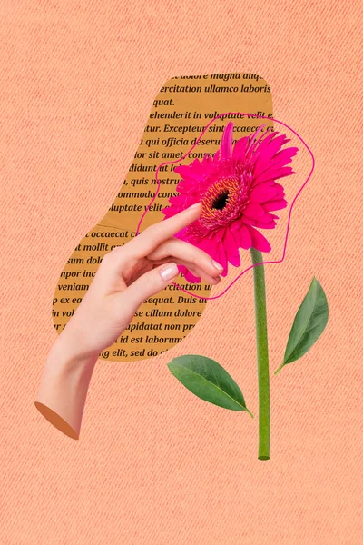 Photo Sketch Graphics Collage Artwork Picture Hand Touching Pink Flower — Zdjęcie stockowe