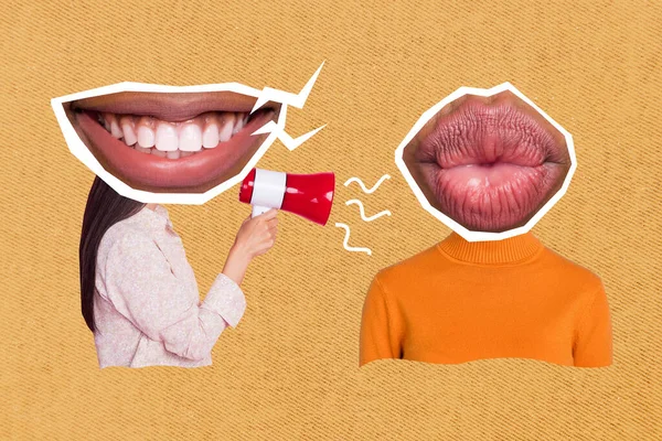 Creative Collage Picture Two People Toothy Smile Mouth Pouted Kiss — Foto de Stock