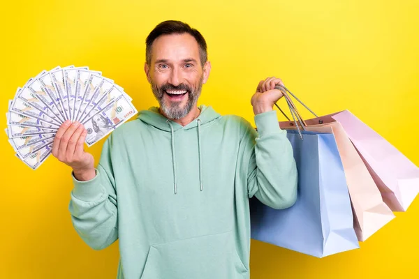 Photo Cheerful Man Win Lottery Jackpot Rejoice Buy Many Purchase — Foto de Stock