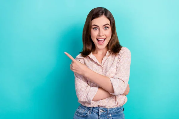Photo Sweet Excited Lady Wear Pink Shirt Open Mouth Pointing — Stockfoto