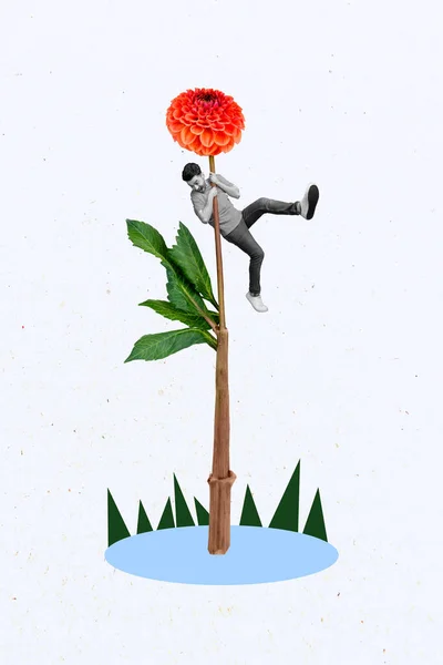 Creative Photo Collage Artwork Poster Postcard Funky Man Hanging Huge — Stockfoto