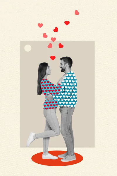 Creative Photo Artwork Collage Young Couple Designed Painted Sweaters Hearts — Stockfoto