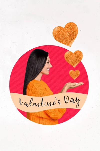 Vertical Collage Image Positive Pretty Lady Arms Hold Demonstrate Valentine — Stock fotografie