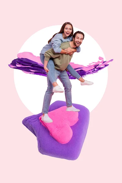 Vertical Collage Picture Two Cheerful Excited Partners Piggyback Stand Huge — Stockfoto