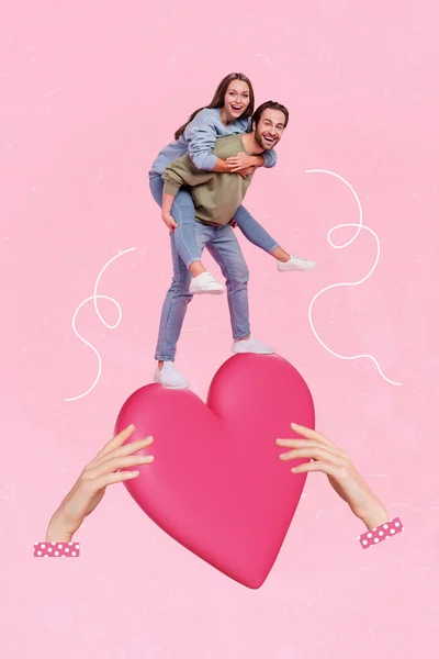 Vertical Collage Image Arms Hold Big Heart Two Mini People — Stockfoto