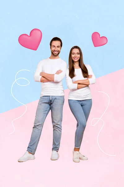 Vertical Collage Image Two Positive Cheerful Partners Crossed Arms Painted — Stockfoto