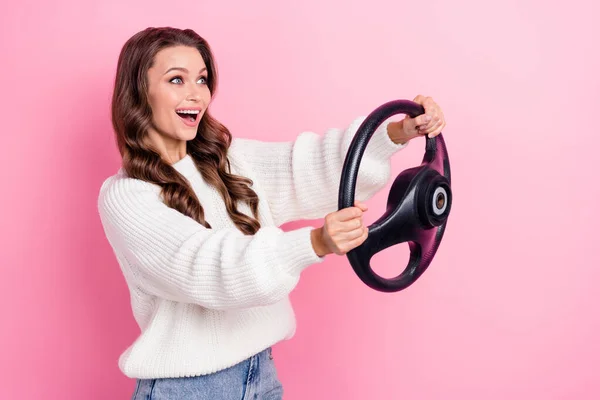 Profile Photo Excited Nice Girl Arms Hold Wheel Look Empty — Stockfoto