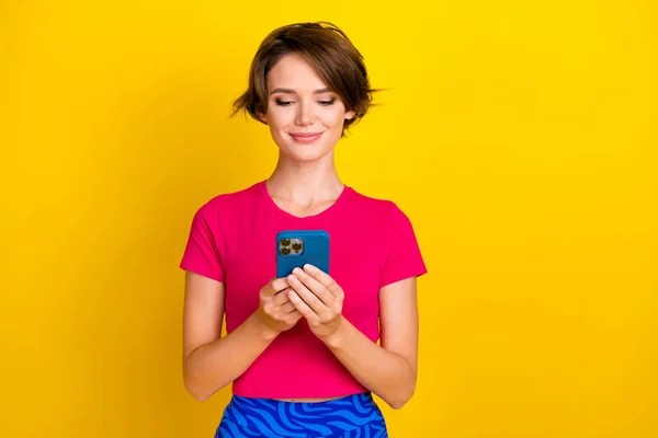 Photo Pretty Lovely Lady Wear Pink Clothes Use Modern Device — Stock Photo, Image