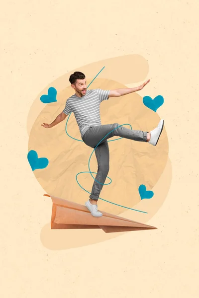 Photo Collage Magazine Poster Postcard Positive Handsome Man Flying Paper — Stock Fotó