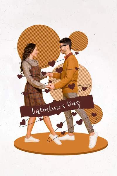 Vertical Collage Picture Two Positive Lovely Partners Hold Hands Dancing — Stockfoto