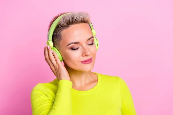 Photo Positive Stunning Girl Closed Eyes Arm Touch Headphones Isolated — Stockfoto
