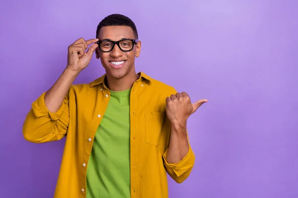 Photo Portrait Nice Young Guy Touch Specs Point Empty Space — Foto Stock