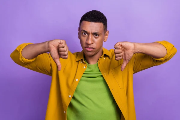 Portrait Unsatisfied Person Two Arms Fingers Demonstrate Thumb Isolated Purple — Stockfoto