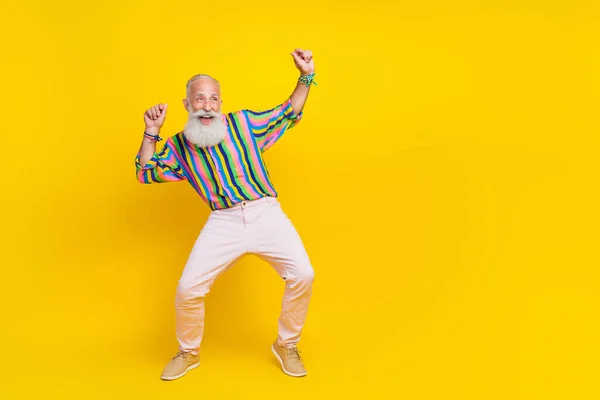 Full Length Photo Positive Good Mood Guy Dressed Striped Shirt — Fotografia de Stock