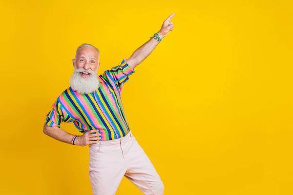 Photo Pretty Funky Guy Dressed Striped Shirt Having Fun Pointing — Stock Photo, Image