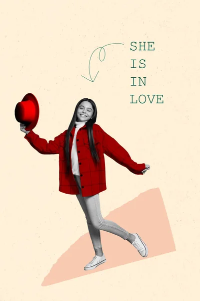Creative Photo Collage Artwork Poster Postcard Joyful Cute Lady Fall — Stockfoto