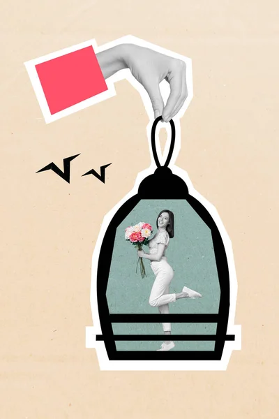 Creative Photo Collage Artwork Poster Postcard Beautiful Pretty Lady Rejoice — Stockfoto