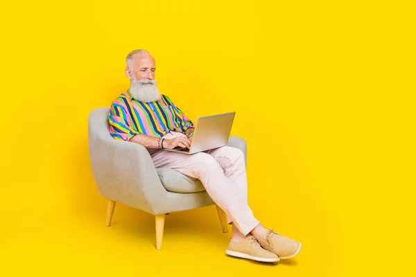Full Size Portrait Positive Smart Aged Man Sit Armchair Use — Stockfoto