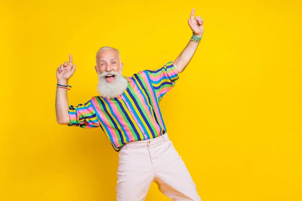 Photo Positive Cool Guy Dressed Striped Shirt Having Fun Dancing — Stock Photo, Image
