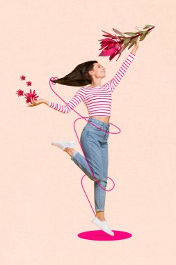 Vertical collage picture of cheerful lovely person arms hold fresh flowers isolated on creative drawing background. clipart